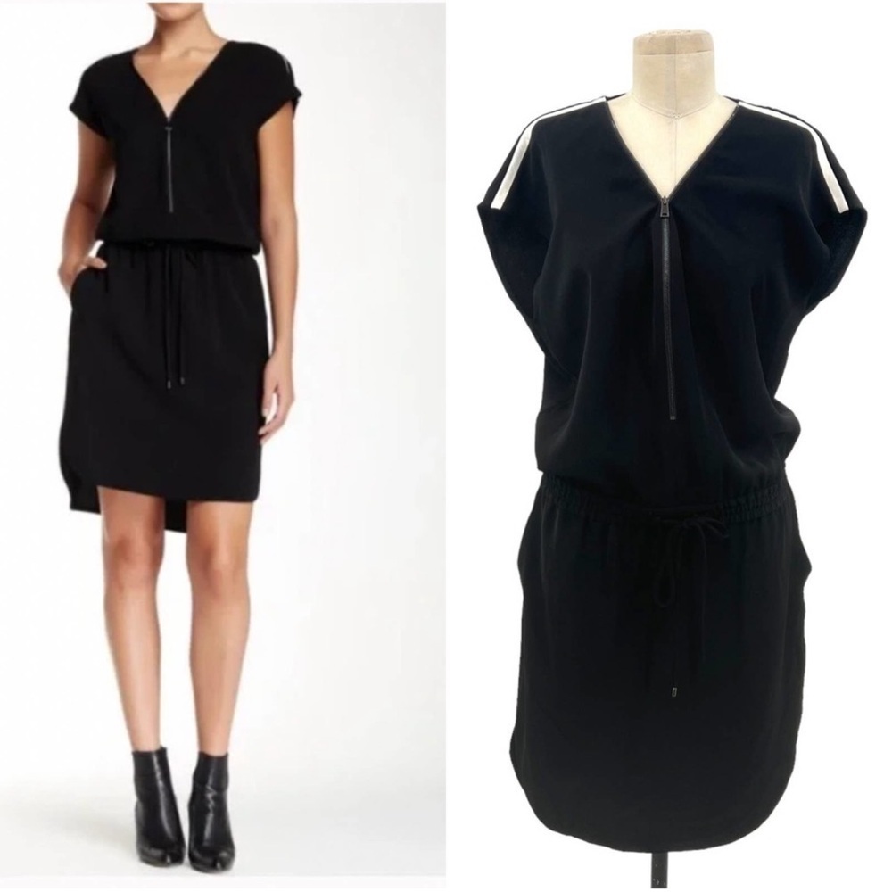 Vince V-Neck Drawstring Dress Black Constrast Trim Sz Medium Modern Chic Office